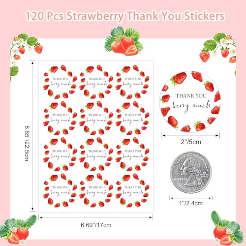 Anwyll Strawberry Thank You Stickers - Self-Adhesive Sweet Birthday Sticker for Party Favor - 120Pcs 2Inch Berry Much Gi