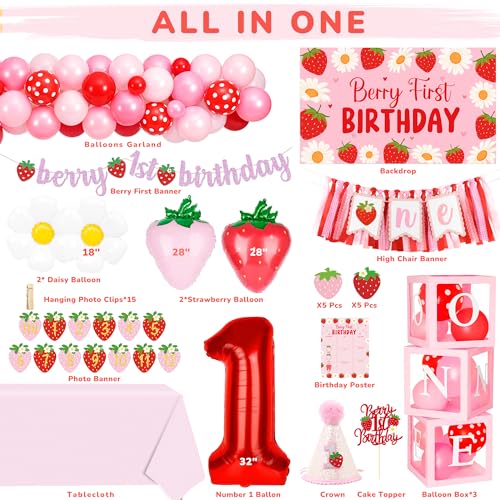 Berry First Birthday Decor Strawberry 1st Birthday Decorations for Girls | Balloon Arch, Highchair Banner, Photo Backdro