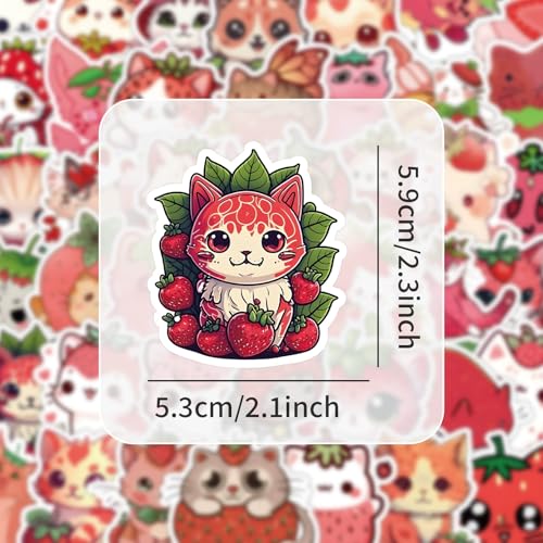 Cute Strawberry Cat Stickers for Kids & Adults - Vinyl Waterproof - Aesthetic Fruits Stickers for Water Bottles, Laptops