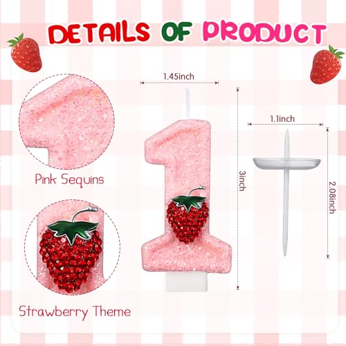 Strawberry 1 Pink Number 1 Candle for First Birthday Parties
Strawberry Glitter Cake Topper for First Birthday Decoratio