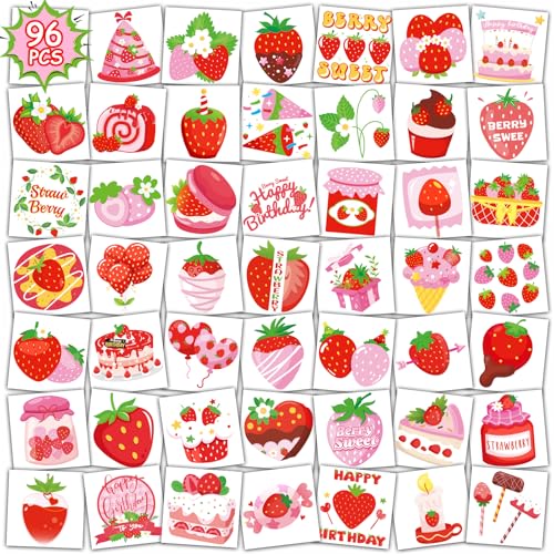Konsait Strawberry Tattoos for Kids: 48 Design Tattoos, 96Pcs Berry Sweet Strawberry Party Decorations, Perfect for Birt