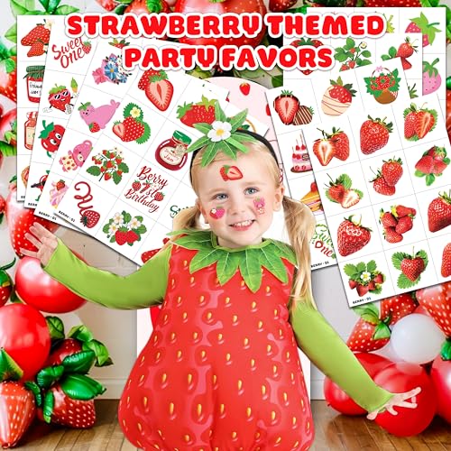96PCS Strawberry Berry Pre-Cut Temporary Tattoos for Kids | Super Cute 1st Themed Birthday Party Favors & Gifts Boys & G