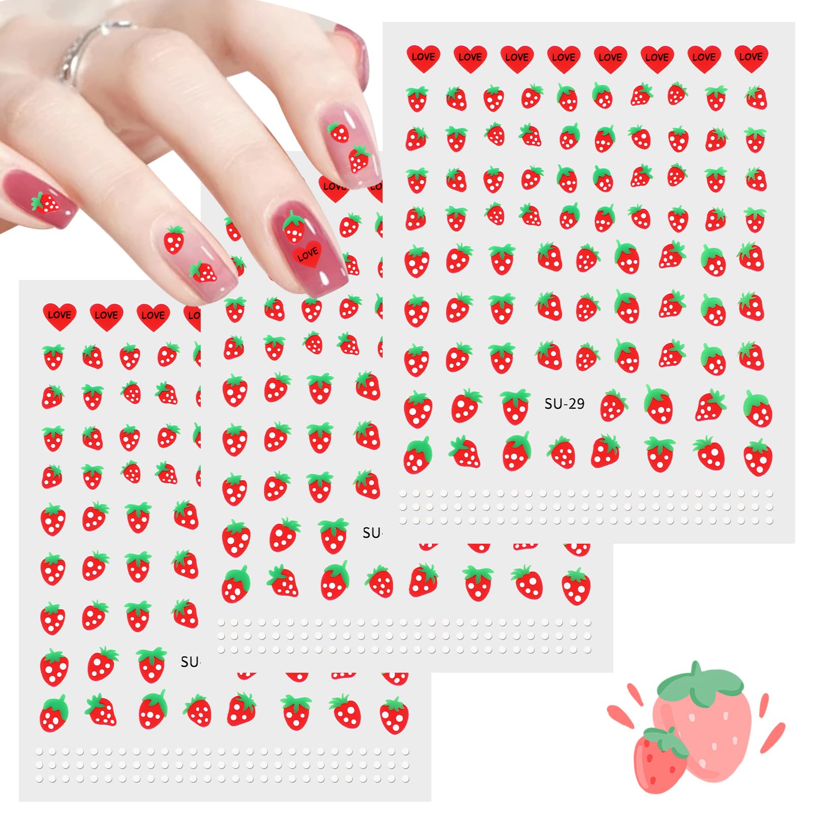 Lusofie Strawberry Self-Adhesive Nail Stickers for Nail Art Decoration Sweet Cute Stickers for Ladies
