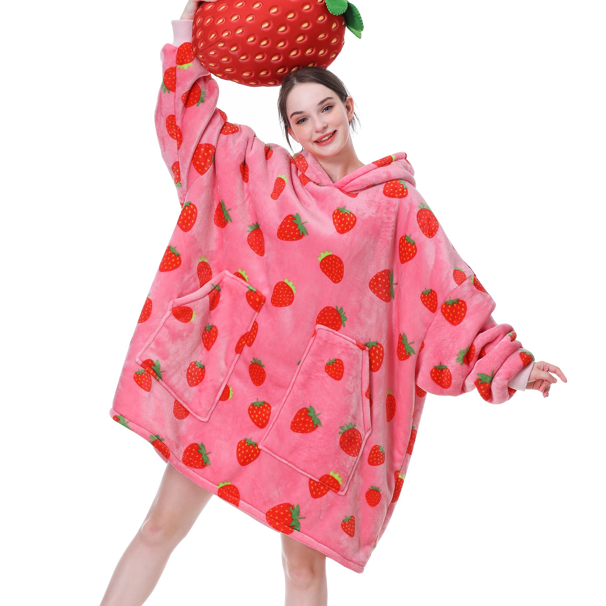Aemicion Warm Cozy Strawberry Oversized Sherpa Hoodie for Women Girls Adult OEKO-TEX Standards 100 Rated Gifts