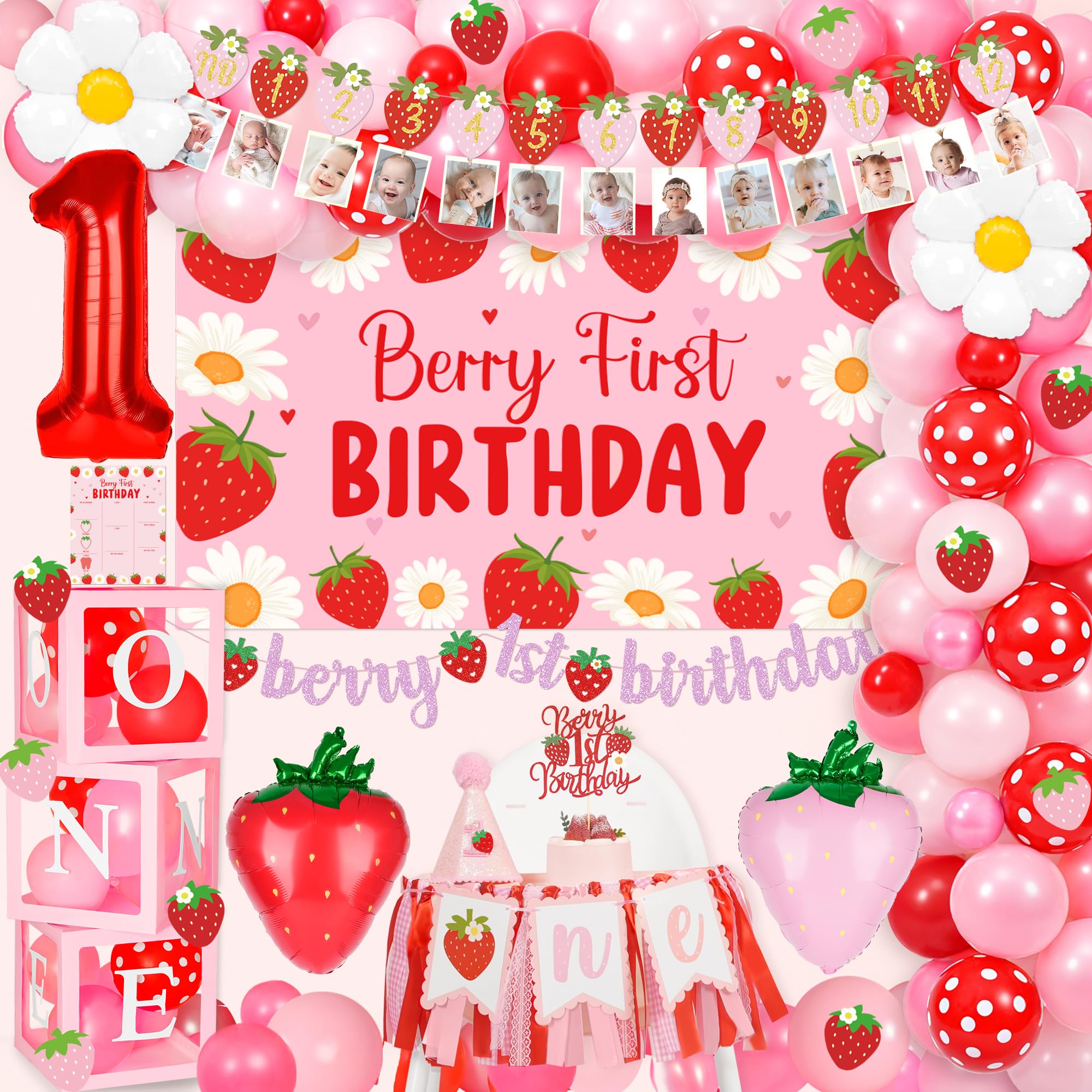 Berry First Birthday Decor Strawberry 1st Birthday Decorations for Girls | Balloon Arch, Highchair Banner, Photo Backdro
