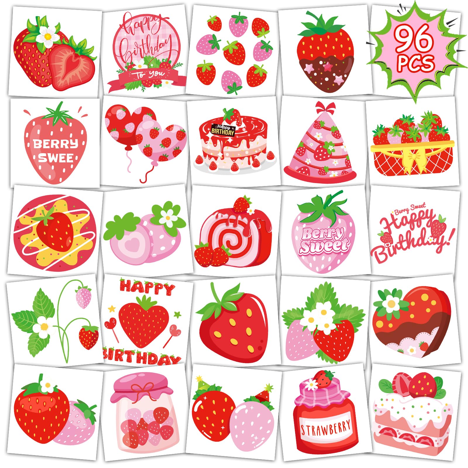 Konsait Strawberry Tattoos for Kids: 48 Design Tattoos, 96Pcs Berry Sweet Strawberry Party Decorations, Perfect for Birt