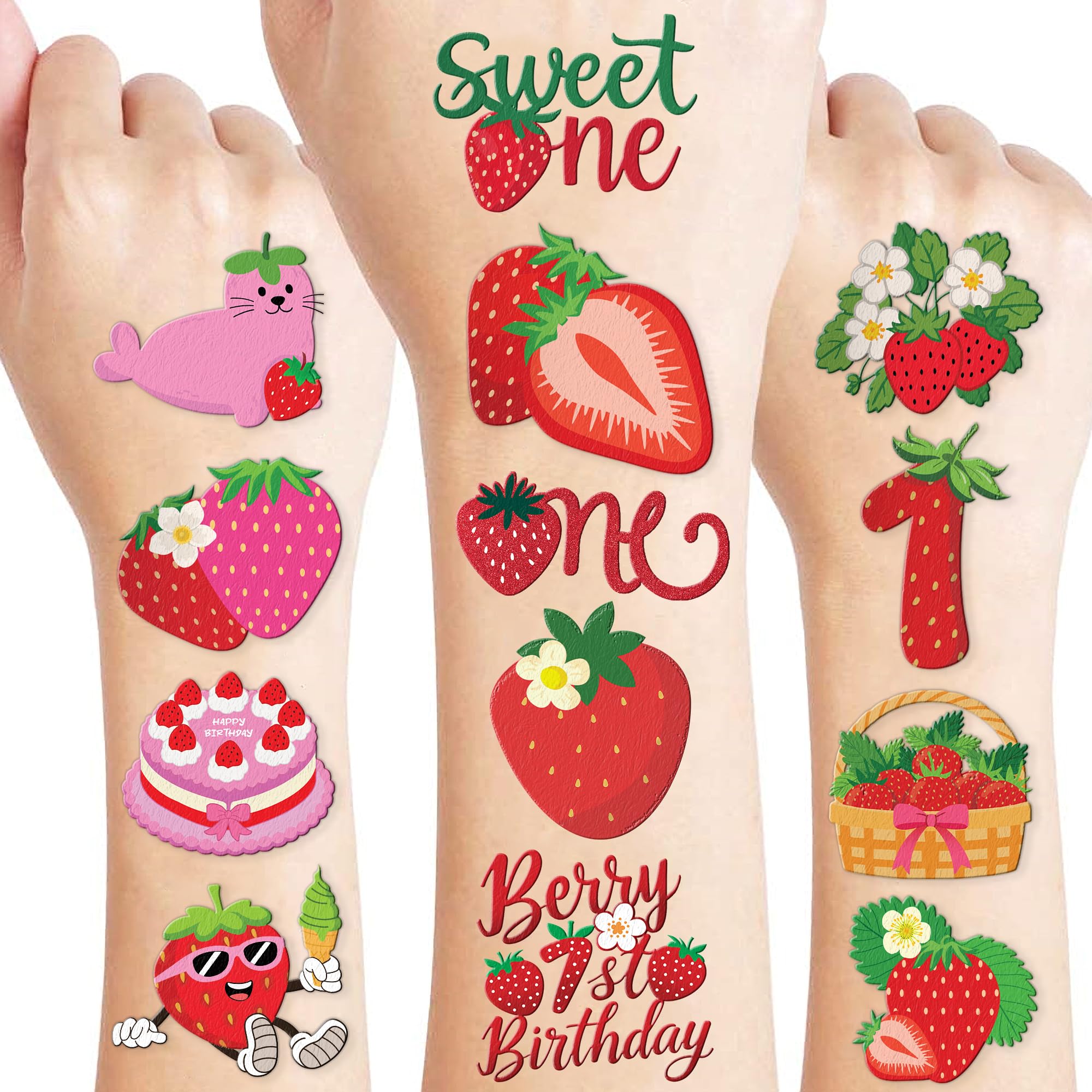 96PCS Strawberry Berry Pre-Cut Temporary Tattoos for Kids | Super Cute 1st Themed Birthday Party Favors & Gifts Boys & G