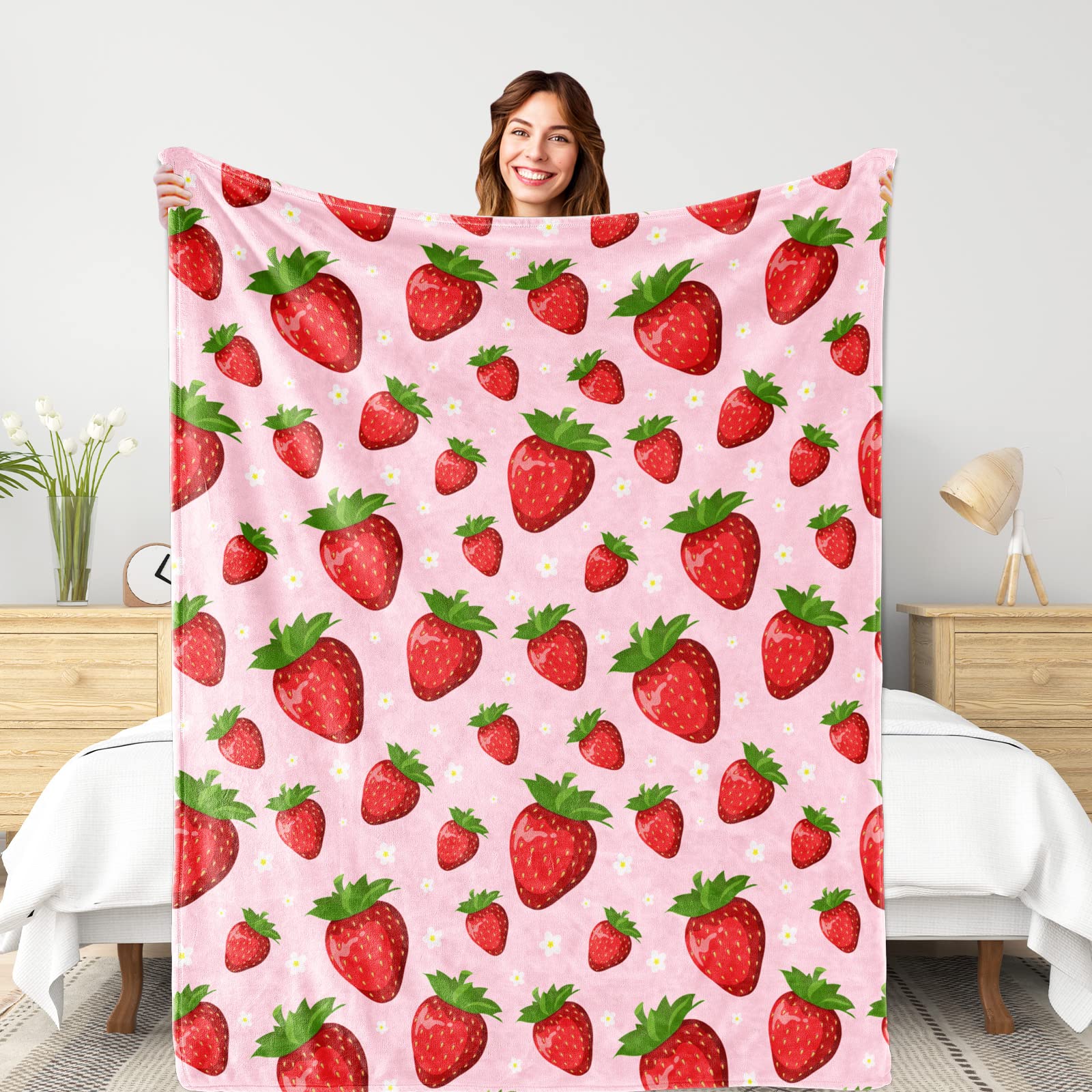 Pink Strawberry Blanket for Kids Girls: Soft Lightweight Throw for Sofa and Travel OEKO-TEX Certified 50x60 Inches Gifts