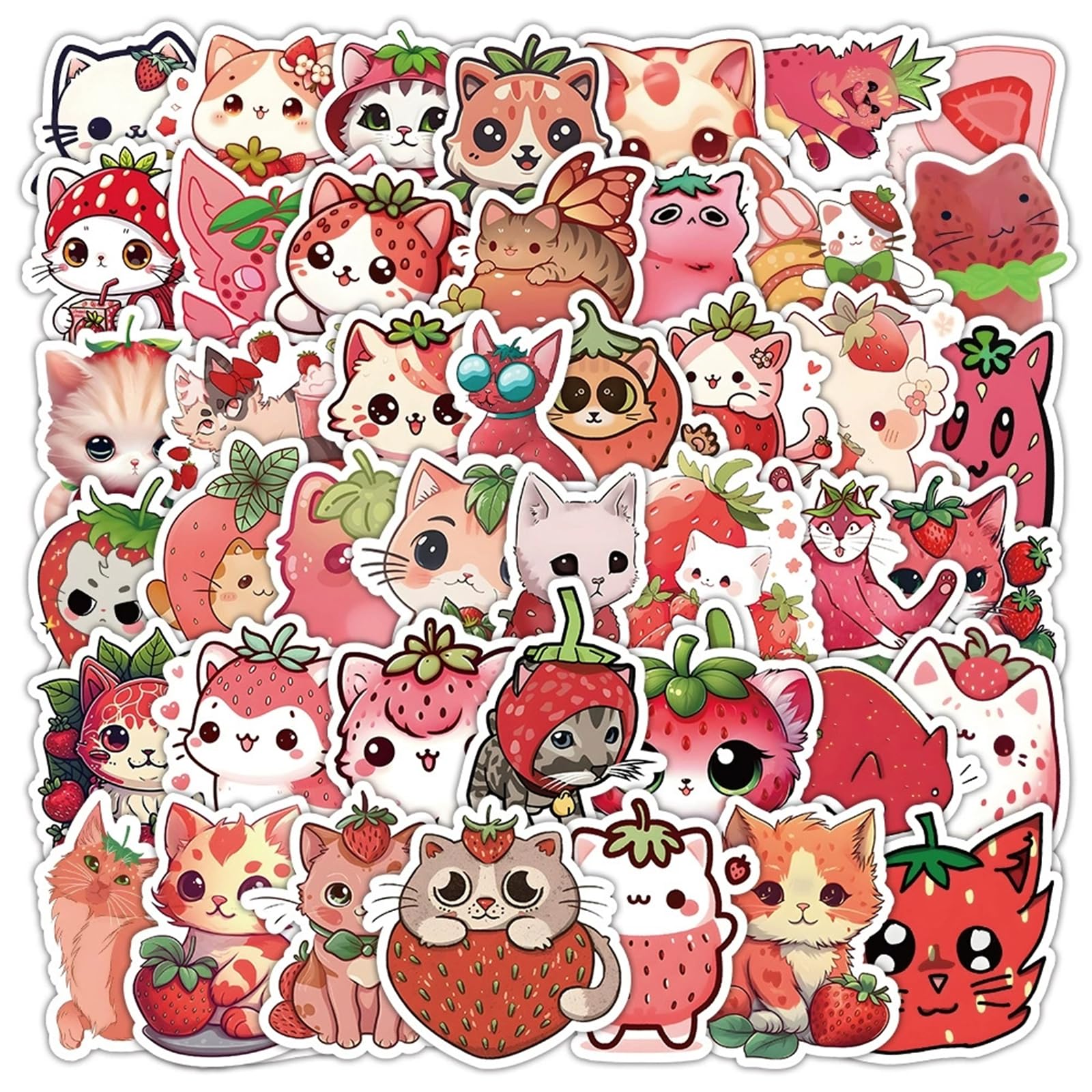 Cute Strawberry Cat Stickers for Kids & Adults - Vinyl Waterproof - Aesthetic Fruits Stickers for Water Bottles, Laptops